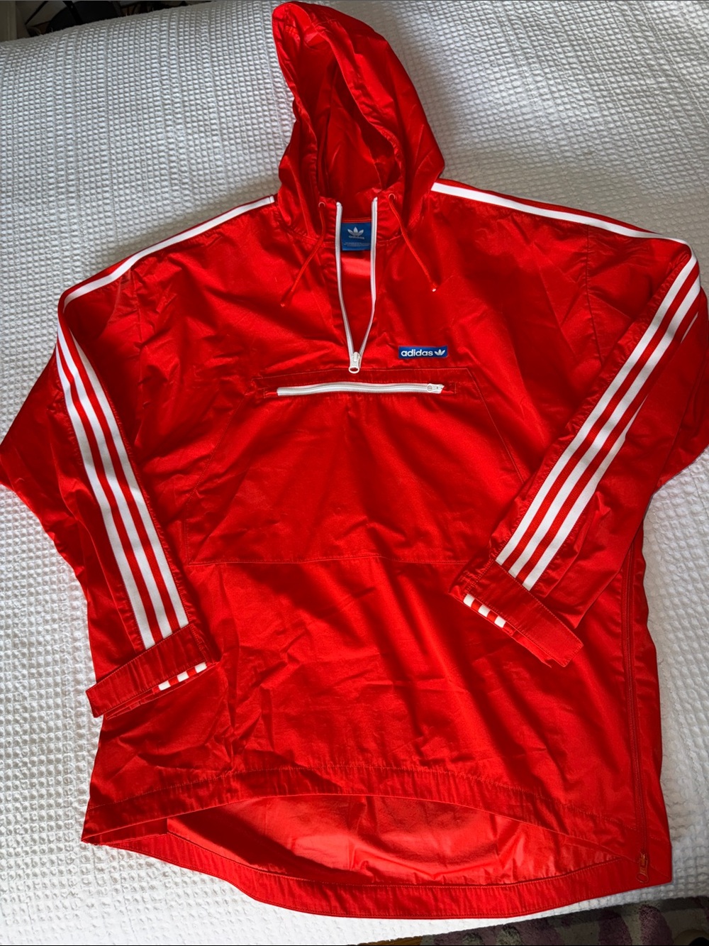 Adidas Orange Pullover Windbreaker Hoodie with White Stripes